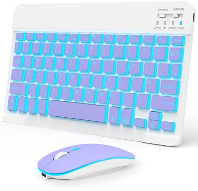 Nsyee Tastiera e mouse Bluetooth retroilluminato, tastiera wireless compatta universale, tastiera portatile ricaricabile per iPad/Samsung/tablet/iOS/Android/Windows, layout UK