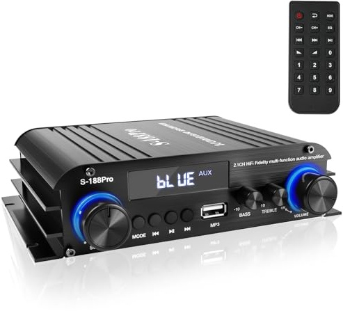 Romicta 2.1 canaux Amplificateur audio stéréo, Amplificateur HiFi Bluetooth 5.0 avec sortie subwoofer, 300W*2+360W, USB/AUX, Réglage basses & aigus, pour subwoofers et haut-parleurs actifs/passifs