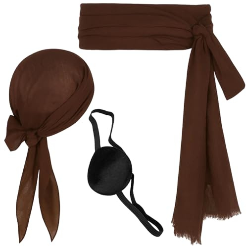 YEWCEP Piratenkostüm Herren Damen, Piraten Schärpe Gürtel Stirnband Taillengürtel Piratenkapitän Mittelalterliche Große Schärpe Piraten Kopftuch Bandanas für Halloween Kinder Erwachsene Braun