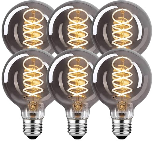 BNITITU Edison LED Vintage Glühbirne, Dimmbar E27 Glühbirne 4W LED 2700K Warmweiss, Vintage Edison Dimmbar lampe E27 Ideal für Nostalgie und Retro Beleuchtung - Rauchgrau Glas - 6 Stück（G80 YHS）