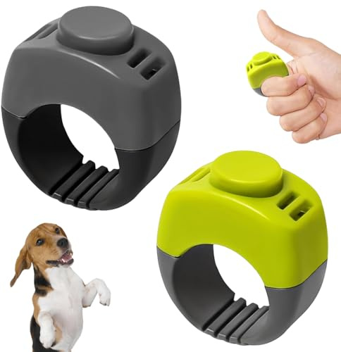 DOVBAN 2 Piezas Clicker para Perros de 21 mm,Con Anillo para los dedos, Accesorio Práctico para el Adiestramiento de Mascotas,Clicker con Anillo (Verde Hierba + Gris)