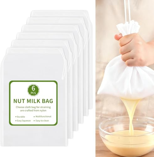 Lot de 6 sacs à lait de noix en tissu pour fromage, 30,5 x 20,3 cm, 20 x 30 cm, 200 mailles réutilisables, en maille fine, en nylon pour filtrer le fromage, le yaourt, le jus, le café, le tofu, le thé