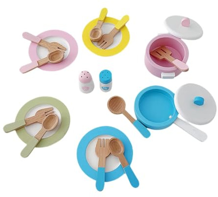 Perfeclan Assiettes et Plats en Bois pour Jouets, Ensemble de Cuisine en Bois avec Accessoires pour Enfants, idéal pour Les fêtes d'anniversaire, la crèche,