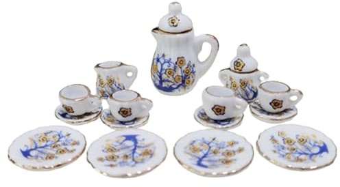 Juegos de té en miniatura Porcelana|Juego de té pequeño, 15 piezas Juego en miniatura a escala 1:12, mini tazas de porcelana, tetera, platos, casa de muñecas con patrón de caléndula para cocina de ca