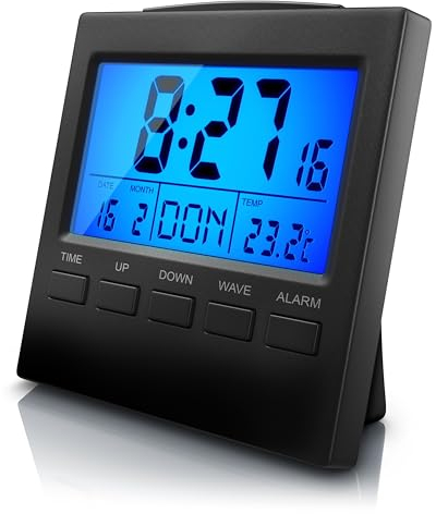 CSL - Funkwecker digital mit Temperaturanzeige - DCF-Funkuhr Reisewecker - 3,3 Zoll LCD-Display mit Blauer LED Hintergrundbeleuchtung - Innen- Datums- und Wochentagsanzeig