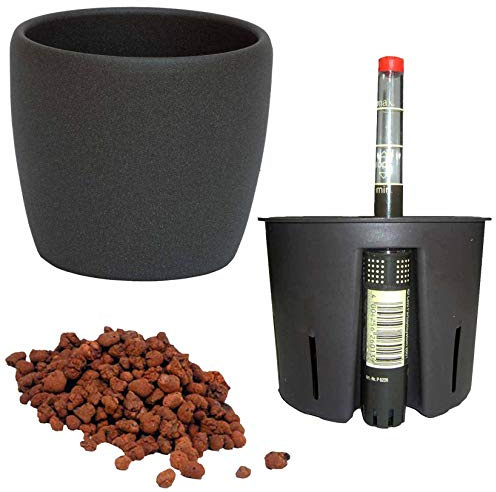 happy nature Set4 Keramik Blumentopf Venus 13/12 dunkel grau + Bewässerungs - Set für Hydropflanzen Ø 16.0 cm H 14.0 cm