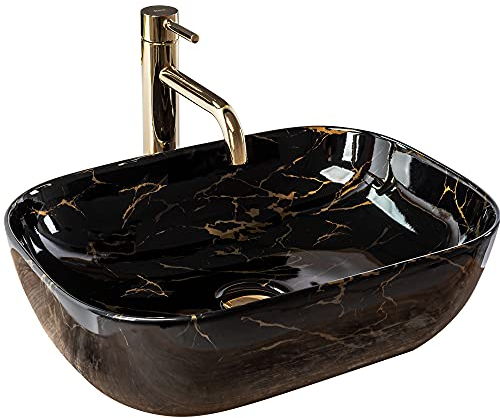 Rea LAVABO SOBRE ENCIMERA BELINDA MÁRMOL NEGRO BRILLANTE Lavabo de Baño 465 x 330 x 135 mm en Cerámica (Negro brillo, imitación mármol)