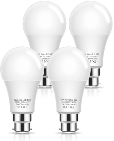 EvaStary 100W Bayonet Light Bulbs, 13W B22 LED Bayonet Bulbs Daylight White 6000K, BC A60 GLS Frosted Energy Saving Light Bulbs Bayonet, Non-dimmable, 4 Pack