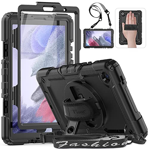 Timecity Hülle für Samsung Galaxy Tab A7 Lite 8,7 SM-T220 / T225 Stoßfeste Schutzhülle mit Drehbarer Ständer Stifthalter Displayschutz Handschlaufe Schultergurt Kinder Outdoor Tablet -Schwarz