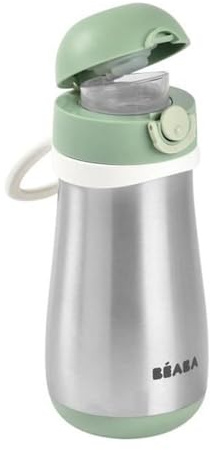 BÉABA, Cantimplora Infantil Acero Inoxidable 2 en 1, Función Cantimplora/Vaso, Pulsador para Facilitar la Apertura, Sólido, Saludable, Asas extraíbles, Conservación de Frío/Calor, 350 ml,verde