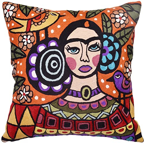 Frida Kahlo Inspired Pillow Cover Orange Mexican Art Pillowcase Eclectic Hispanic Throw Pillows Cushions Hand Embroidered Wool Size - 18x18