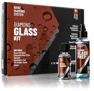 Diamond Glass Kit - Limpiacristales y Anti-lluvia, Tratamiento Parabrisas, Recubrimiento para Cristales de Coche, Recubrimiento Pulidor y Protección Repelente, Protección Cerámica Anti Arañazos