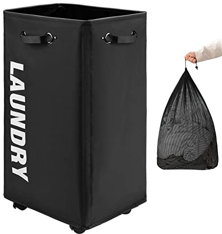 DOKEHOM 29-Inches X-Large Wäschekorb mit Abnehmbarem Waschbeutel auf Rollen, Zusammenklappbarer Rollender Wäschekorb, Faltbarer Kleider-Organizer, Faltbarer Waschbehälter (Schwarz)