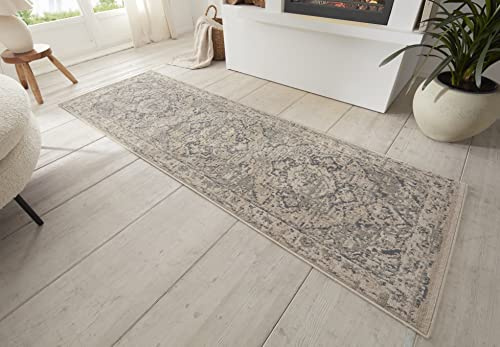 Hanse Home Sand Vintage Teppich – Orientalischer Kurzflor Wohnzimmerteppich Weicher Orient-Teppich Läufer für Schlafzimmer, Esszimmer, Wohnzimmer, Flur, Küche – Creme Grau, 80x200cm