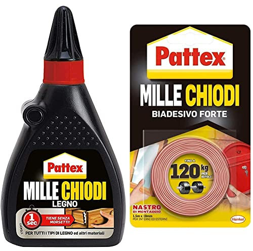 Pattex Millechiodi Legno, Per Incollaggi Legno su Legno, Forte Presa Iniziale, Tiene senza Morsetti, Per Riparare e Montare Cassettiere, 100g & Millechiodi Tape, nastro biadesivo extra forte