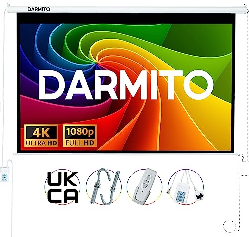 Darmito 120 Inch Electric Motorised Projector Screen, Dual-Plug Both Sides Power Socket, 16:9 Matte White 1.2 Gain, Remote Control, Wall & Ceiling Mount – Home Cinema, Office