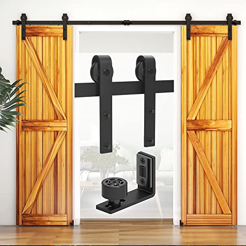 WOLFBIRD 203cm/6.6ft Schiebetürbeschlag Set Schiebetürsystem mit Bodenführung für Doppeltüren - Türbenutzung | Laufschienen für Schiebetüren - J Shape Aufhänger Set