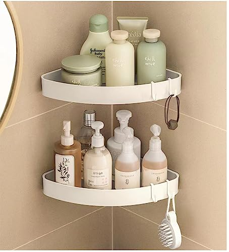 YUHIAKE Duschablage Ohne Bohren Ecke, Duschregal Ecke Weiß mit 4 Haken, Badezimmer Regal Badregal, Eckregal Dusche für Bad Küche Toilette Organizer, 2 Stück