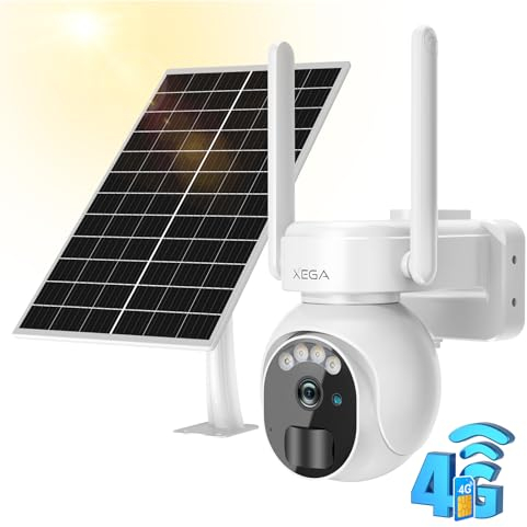 Xega 4G LTE Telecamera Solare Esterno con SIM Scheda 2K HD PTZ Telecamere Senza Fili con Pannello Solare Batterie Visione Notturna Rilevamento del Movimento Audio Bidirezionale Rotazione 355°/90°
