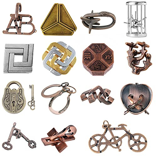Joyeee Knobelspiele Metall Puzzle Set, Zaubertrick Spielzeug Denkaufgabe IQ Geist Test Lernspielzeug für Party Mitgebsel Erwachsene und Kinder Herausforderung, Mittlere Schwierigkeit, 15 Stück - A