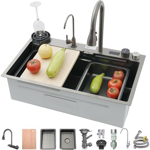 Fregadero de un cuenco estilo cascada para cocina, multifuncional para barra, con nano-revestimiento, estación de trabajo, con grifo extraíble y juego completo de accesorios…
