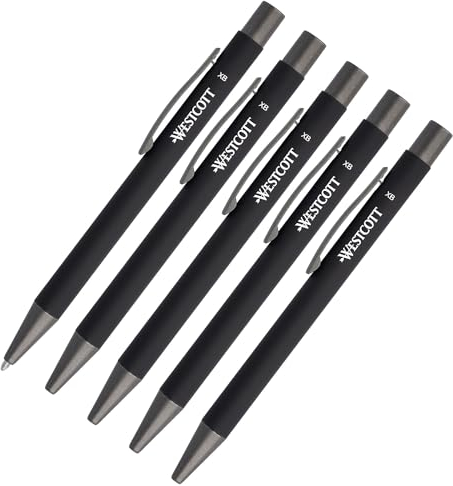 Westcott PRIMESOFT-XB Kugelschreiber 5 Stück | 5er Set Schwarze Premium Kugelschreiber aus Aluminium | Dokumentenecht mit schwarzer Tinte | Strichstärke XB 1,4 mm | E-745006 00
