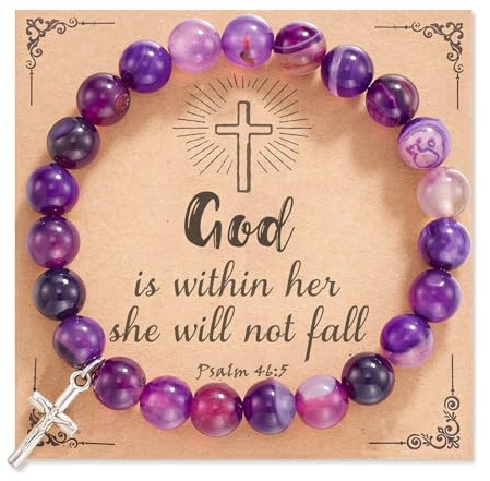 Flongo Bracelet Femme Perle Croix: Bracelet Femme Fille Croix Chrétien Pierre Naturel avec Carte de Voeux - Cadeau Femme Fille Anniversaire