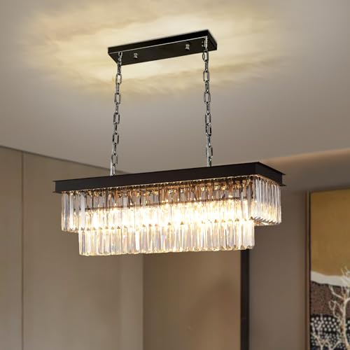 Depuley Modern Kronleuchter Kristall, 60cm Pendelleuchte Esstisch Schwarz, Rechteckiger Kristall Hängeleuchte mit klarem Kristallanhänger, hängelampe für Wohnzimmer, Esszimmer, Restaurant, E14 x 6