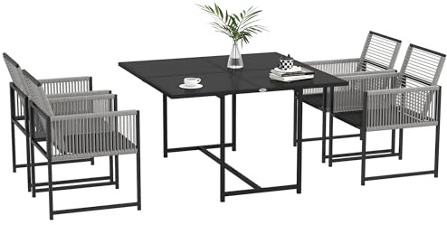 Outsunny Set di mobili da giardino in acciaio da 5 pezzi con 1 tavolo da pranzo e 4 sedie con schienale pieghevole, piano in vetro temperato grigio