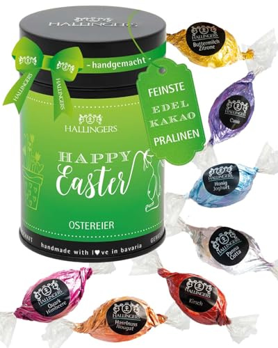 Hallingers Genuss Manufaktur Pralinen-Osterei Oster-Geschenk - ohne Alkohol, handmade aus Edelkakao in wertiger Geschenkdose Happy Easter, Ostern Körbchen für Frauen Männer