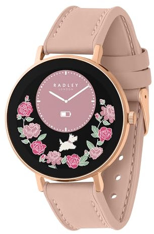 RADLEY Series 28 Amoled Smart Watch for Women with 1.19, Heart Rate, Bluetooth, Sleep tracking, Sports modes, Blood Oxygen, 5ATM Water Resistance, Cobweb Pink Leather Strap