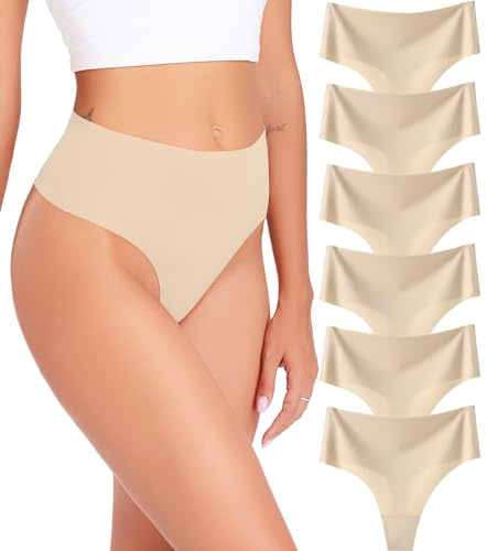 Wealurre Ropa interior para mujer, tangas sin costuras de cintura alta, transpirables, invisibles para mujer, paquete de 6