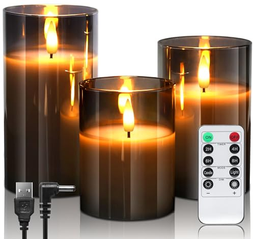 daphomeu Rechargeable Flameless LED Candles with Timer, Remote Control, 3D Simulation Glass Effect, 3 Pack, Grey - for Home Decor, Weddings, Parties, Christmas