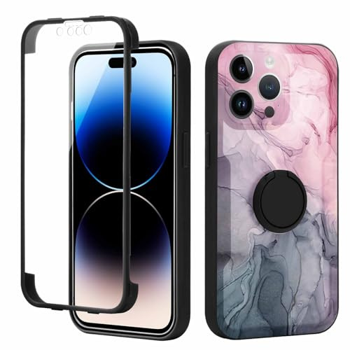 Yoedge Kickstand Phone Case for iPhone 15 Pro 6.1, 360°Rotatable Magnetic Ring Holder Cases,Full Body Shockproof Silicone TPU Back Cover with Built-in Screen Protector, Grey Marble