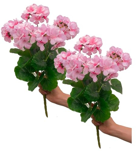 Confezione da 4 Fiori di Seta di Geranio Artificiale, Gerani Finti da 14 Pollici, Rami Cespugli, 5 Forchette di Fiori Artificiali da Esterno, Bouquet Floreale Finto per Centrotavola da Giardino,(#2)