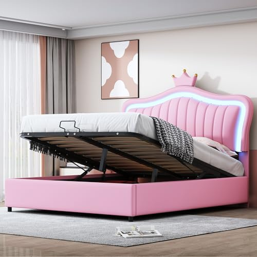 Kinderbett Polsterbett 140x200, Kronen-Prinzessinnenbett mit LED verstellbares Kopfteil&hydraulisches Stauraum&Lattenrost, Bett Doppelbett Mädchenbett Rückenlehne Bettgestell, PU, Ohne Matratze, Rosa