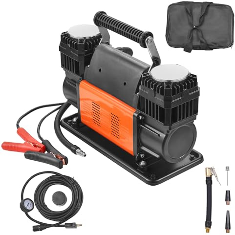 VEVOR Compresor de Aire Portátil de Alta Resistencia de 10,6 CFM, Inflado Rápido en 30 s, Doble Cilindro, 12 V y 150 PSI con Adaptadores para Camiones, Automóviles, SUV, 365 x 150 x 227 mm, Negro