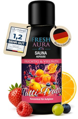 FRESH AURA Saunaaufguss Konzentrat – Sauna Aufgussmittel Tutti Frutti – Sehr ergiebiger und langanhaltender Saunaduft – Fruchtig und Vielfälltig | Made in Germany (100ml)