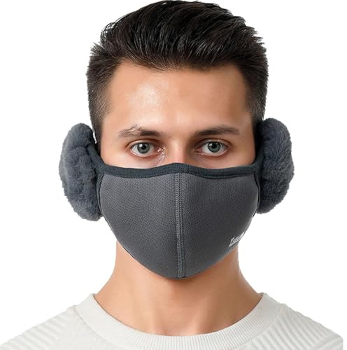 Öronmuffar vintervarma öronmuffar med mask 2-i-1 plysch öronvärmare för vindtät varm öronskydd för kall luft bandlös öronvärmare för skidåkning, löpning, cykling, Grå, en storlek