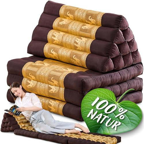 Namasdee Thaikissen 3 Auflagen 175x55x8cm mit 100% natürlicher Kapokfüllung (Braun/Gold/Elefanten Seide)