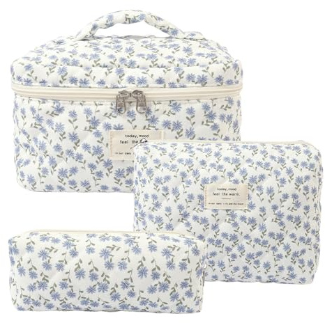 Kosmetiktasche Damen Reise Make Up Tasche, 3 Stück Große Baumwolle Kulturtasche Make-Up Organizer Tasche Cosmetic Bag mit Blumenmuster für Kosmetik Kosmetikartikel (Blaue Pfauenblume)