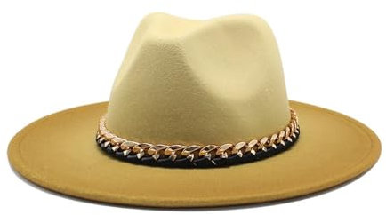 Jiaxu-Hüte Zylinderhut for Herbst und Winter mit Metallkette, Jazzhut aus Wolle im britischen Stil mit Farbverlauf(Gelb)