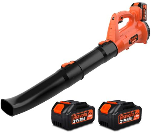 Soffiatore a Batteria, Bravolu 21V Soffiatore Foglie Elettrico, con Batteria da 2 X 4,0Ah e Caricabatteria, Velocità Aria Max Regolabile 240 km/h, 20000 RPM con 6Velocità Regolabili, Ugelli a 2Sezioni