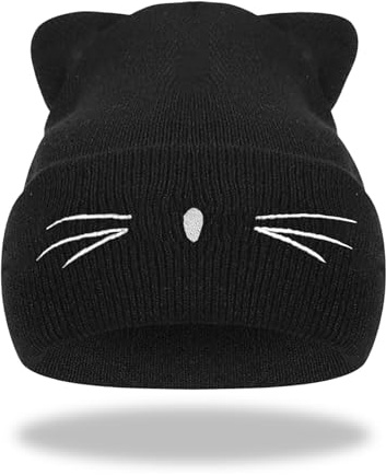 AWAVM Warme Damen-Beanie-Mütze mit Katzenohren, Thermo-Strick, gehäkelt, geflochten, modische Mütze, weich, Ski- und Snowboard-Mütze, doppelter Kunstfell-Bommel, Katzenhut für Mädchen, Damen,