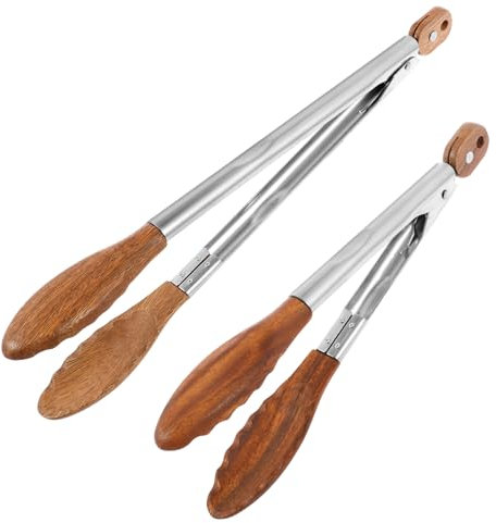 2Pcs Wood Food Tongs Rustproof Salad Tongs with Tips Locking Storage Serving Tong Portable Multifunctional Kitchen Tongs for Cooking Flipping Grilling