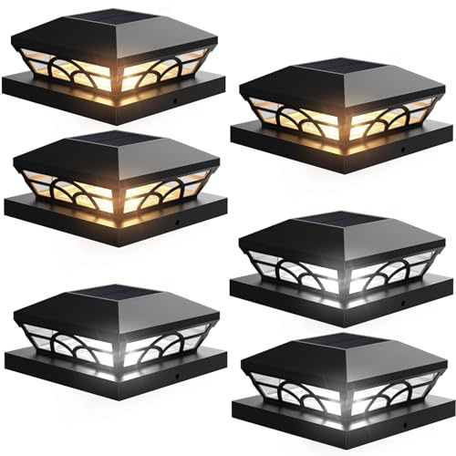 T-SUN Solar Post Cap Lights 6 Pack – Outdoor Waterproof Fence Lights for 3.5x3.5 4x4 5x5 5.5x5.5 Wood/Vinyl Posts, 2 Modes Warm White/White, Solar Deck Light for Patio, Garden, Porch (Black)