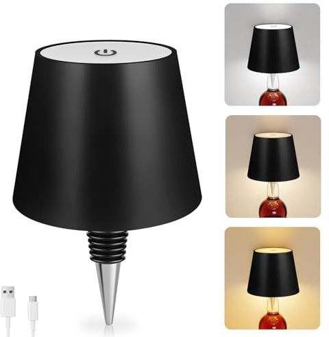 LED Lampada Bottiglia Ricaricabile USB, Controllo a Sfioramento di 3 Modalità di Temperatura Colore, 5200mAh Lampada Tappo Bottiglia Senza Fili Dimmerabile, per Ristorante, Soggiorno, Bar (Nero)