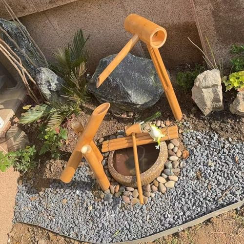 Bamboo Water Fountain Bamboo Water Feature Rocking Pump Water Landscape Japanese Zen Garden Decoration Fountain for Garden Pond Courtyard Outdoor (No Stone Basin),H 70cm