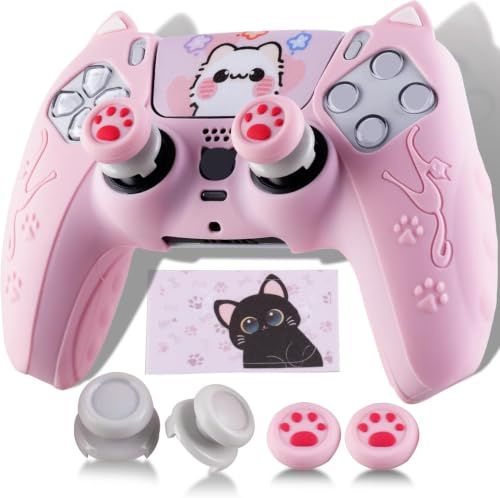 PlayRealm Silicone Skin Cover Sticker x 1 & Extender Grips x 2 for PS5 Controller Cat Pink
