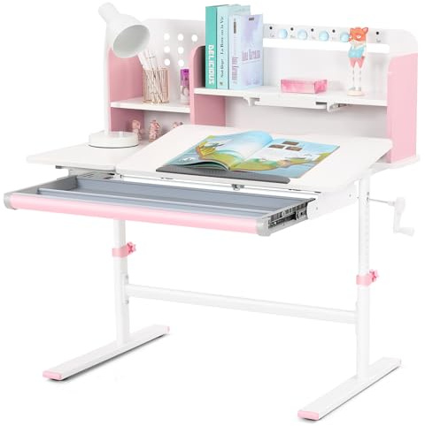 JOYLDIAS Höhenverstellbarer Kinderschreibtisch, Studiertisch für Kinder mit Bücherregal, Neigbarer Schreibtisch, Multifunktionaler Schülerschreibtisch mit Schubladen und Haken, 100 x 60cm Tischplatte